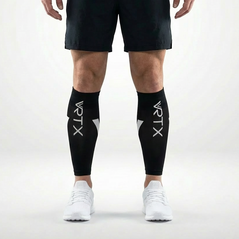 Person wearing black athletic shorts and VRTX compression sleeves on a white background