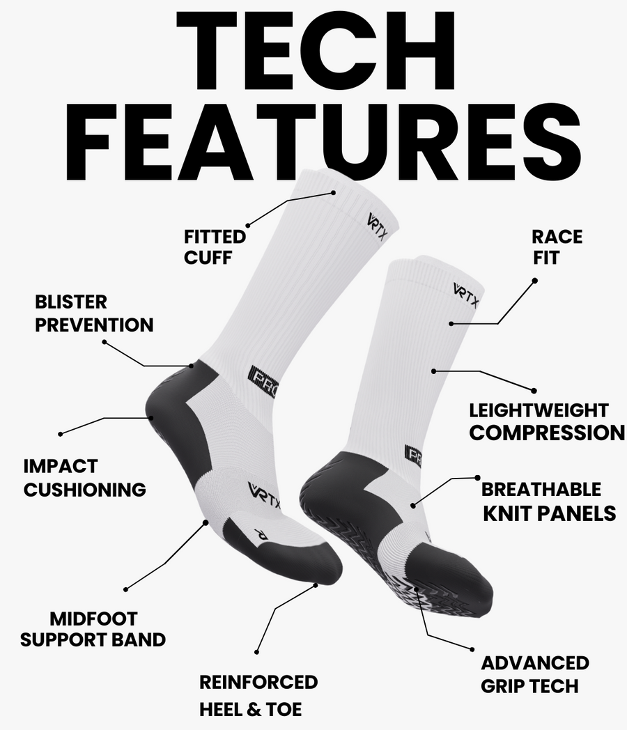 White VRTX Grip socks with black accents labeled for various technical features on a white background