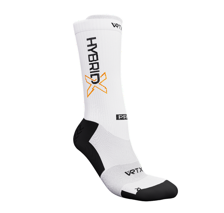 White and black sock with 'VRTX' branding on a white background